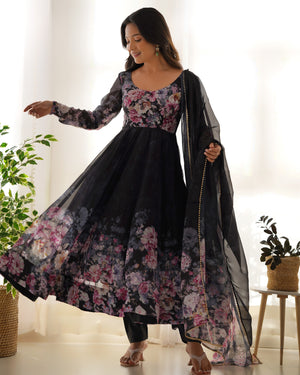 Organza Silk Printed Anarkali Set – Black