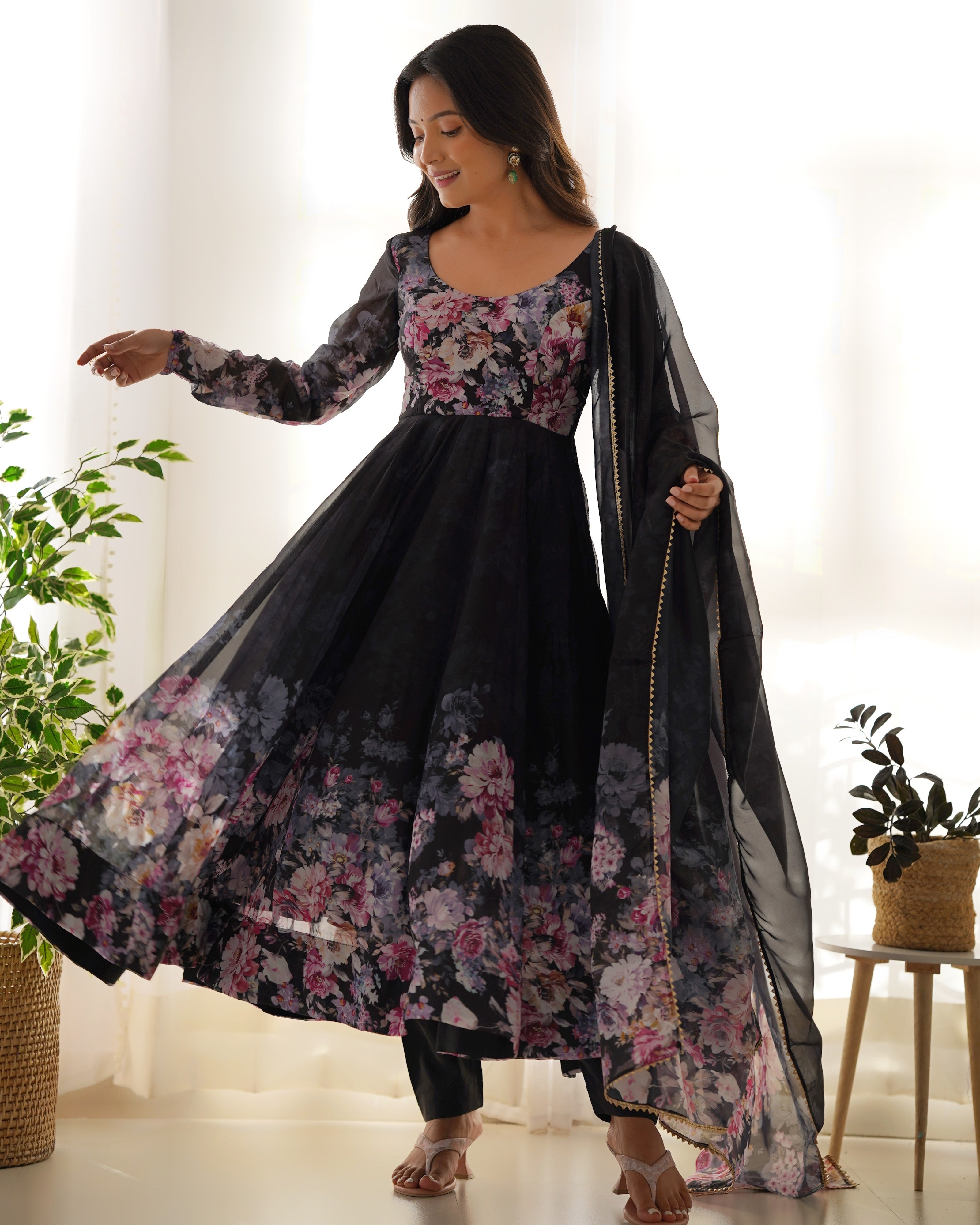 Organza Silk Printed Anarkali Set – Black