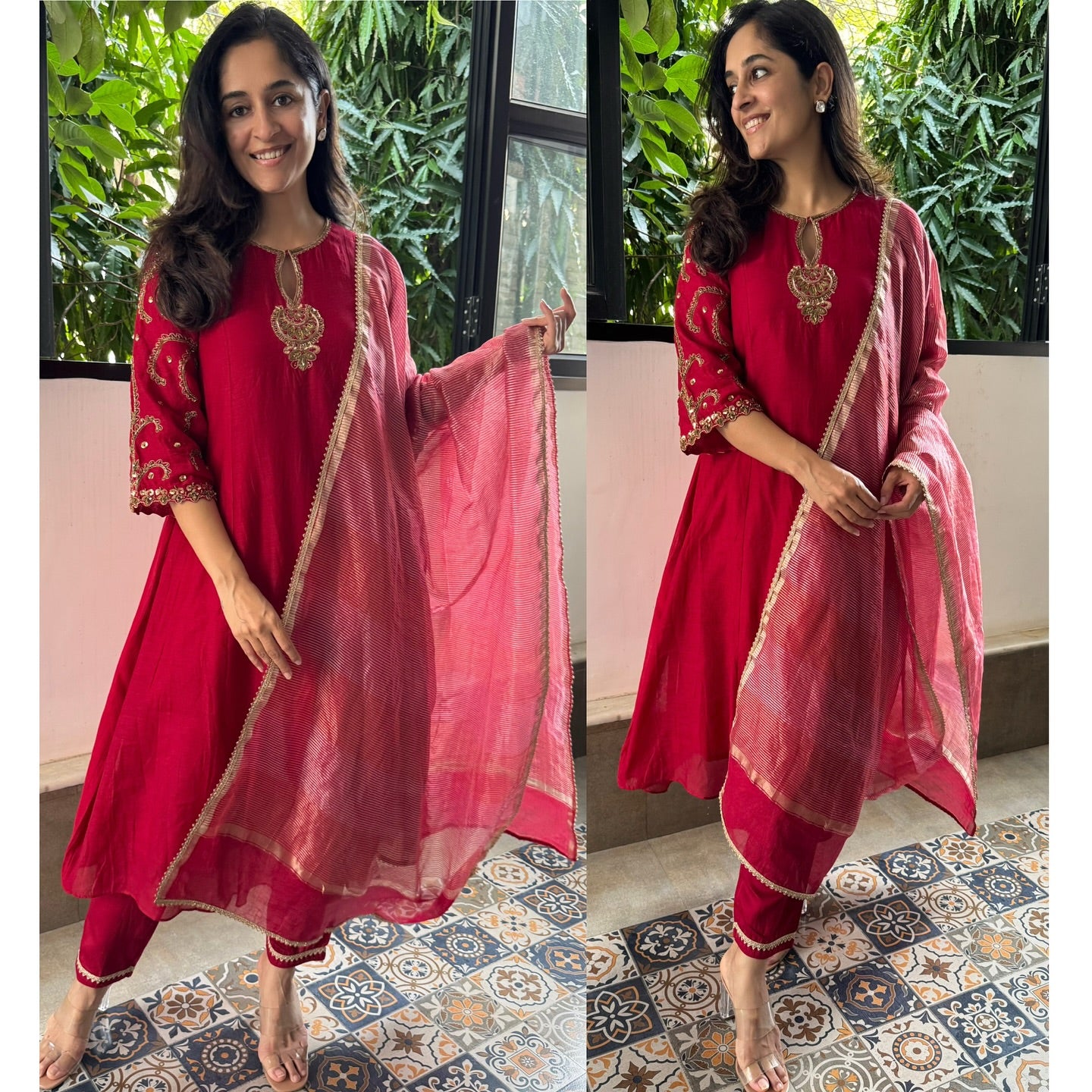 Chanderi Viscose Embroidered Kurta Pant Dupatta Set – Red