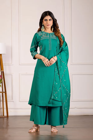 Viscose Mango Silk Embroidered Anarkali Kurti Set – Rama Green