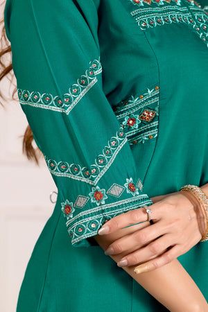 Viscose Mango Silk Embroidered Anarkali Kurti Set – Rama Green
