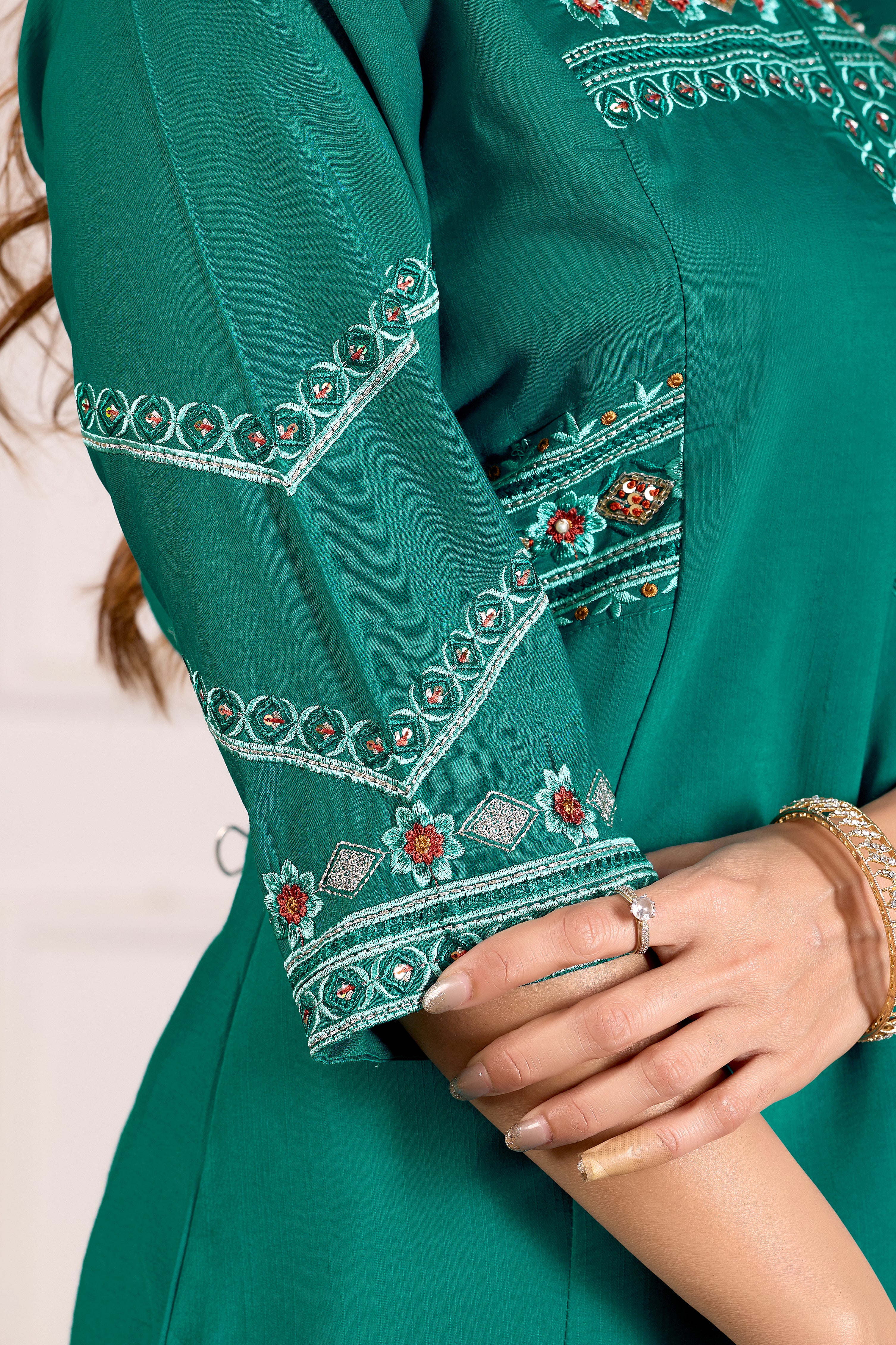 Viscose Mango Silk Embroidered Anarkali Kurti Set – Rama Green