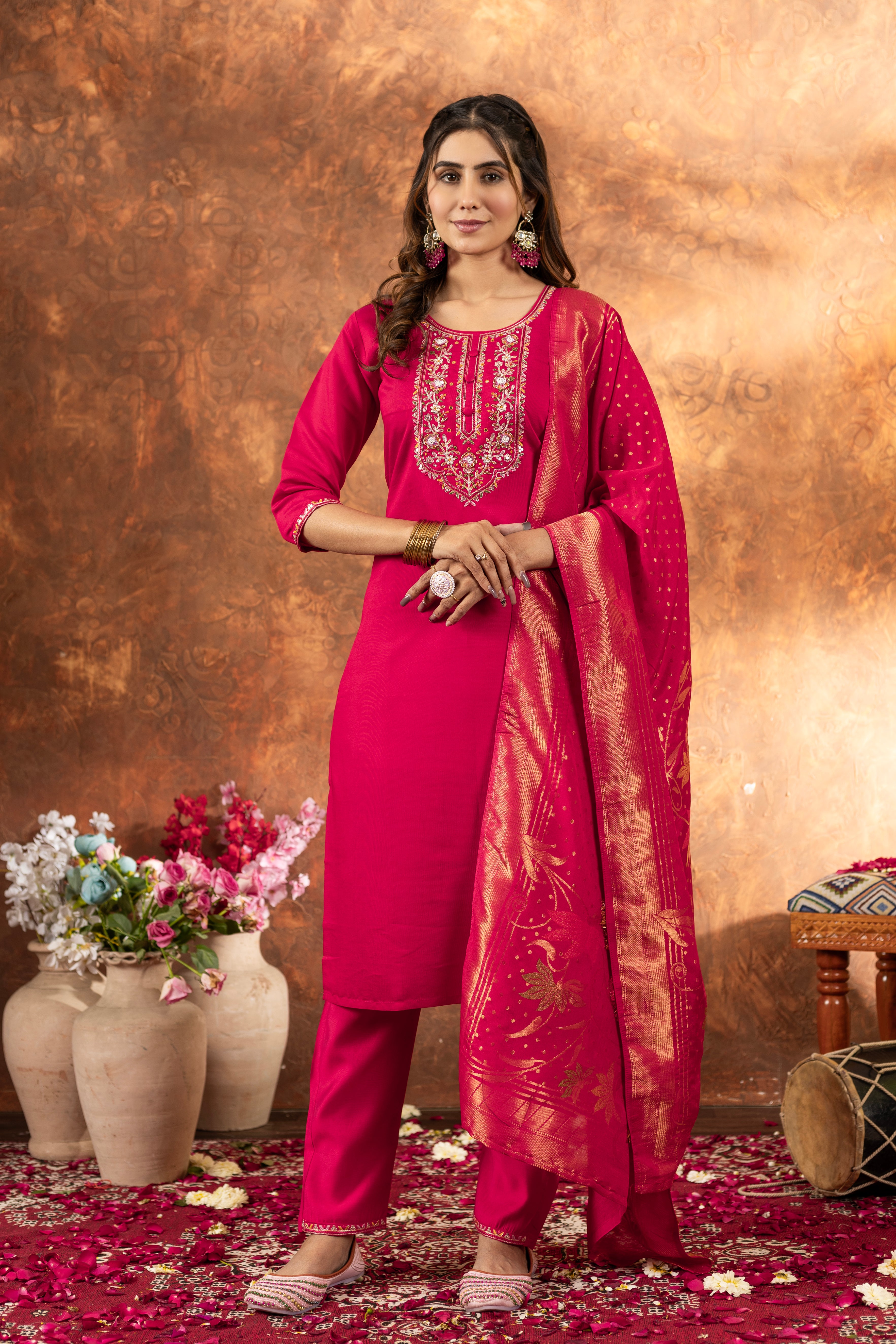 Marina Silk Embroidered Straight Kurti Set – Pink