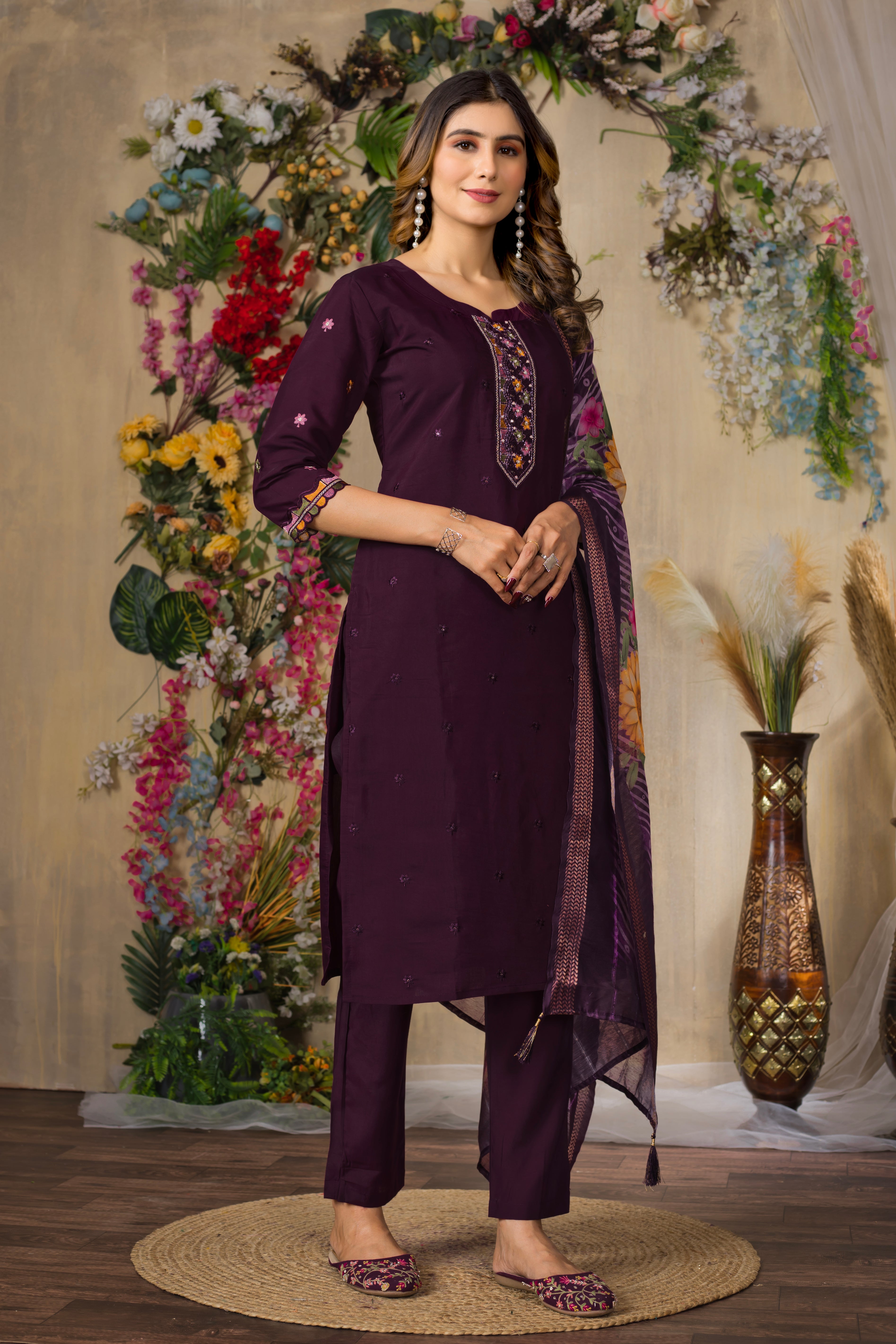 Roman Silk Embroidered Straight Kurti Set – Wine