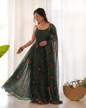 Soft Lightweight Chiffon Bandhej Embroidered Gown Set – Bottle Green