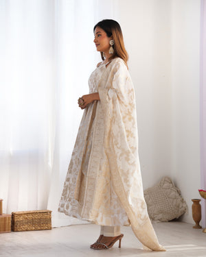 Fancy Banarasi Jackquard Dola Silk Fabric Designer Anarkali Set – Ivory