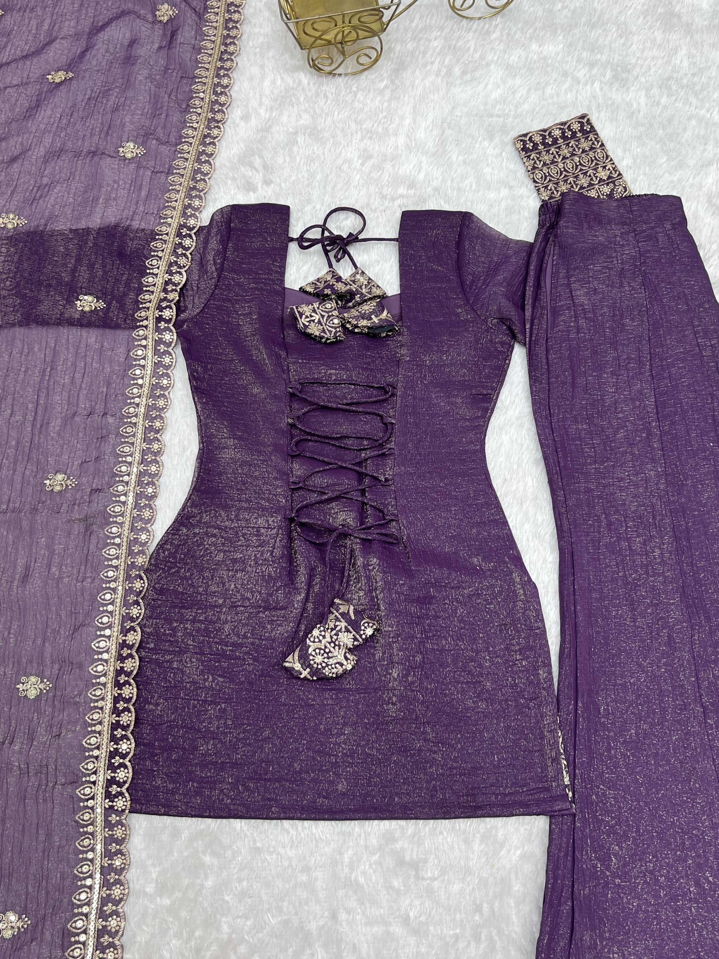 Crunchy Silk Embroidered Bell Bottom Set – Purple