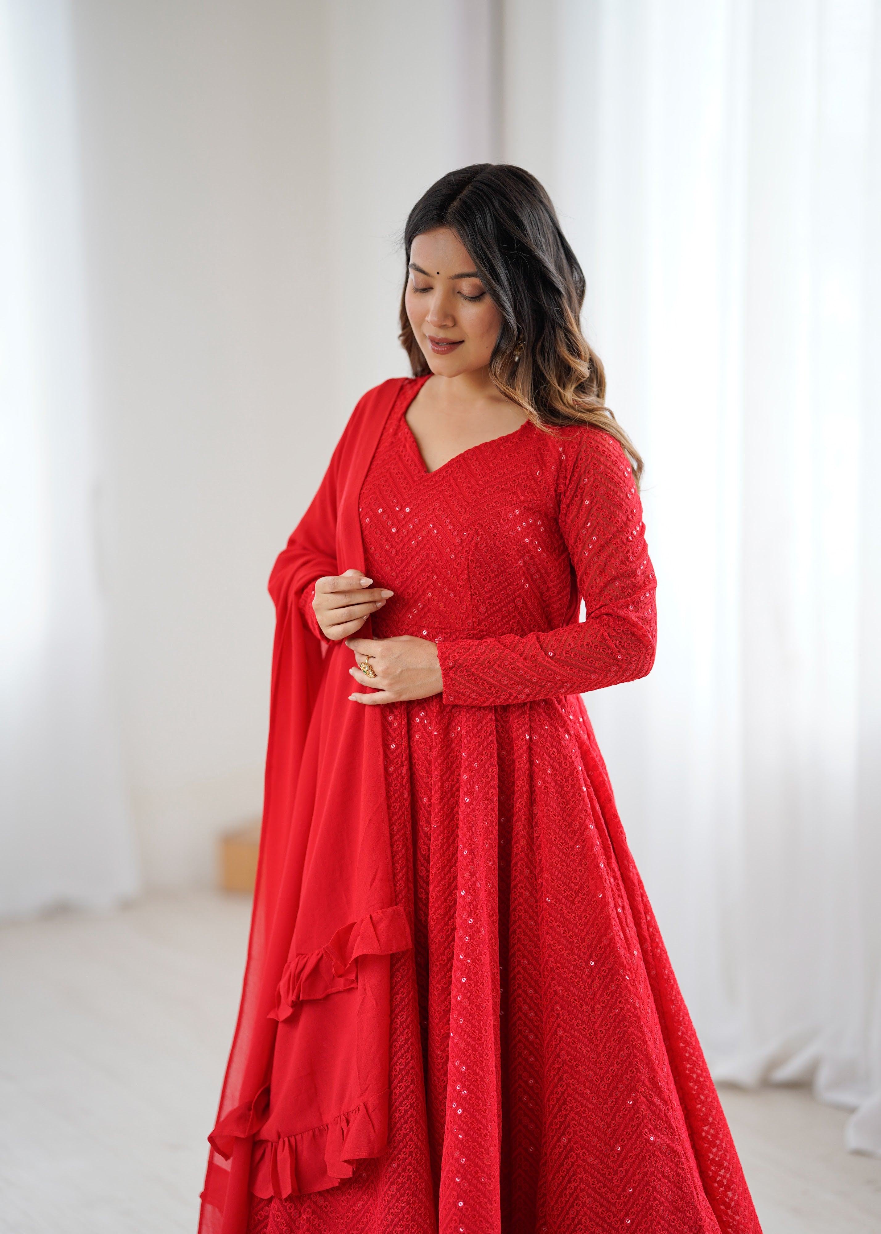 Georgette Embroidered Anarkali Set – Red