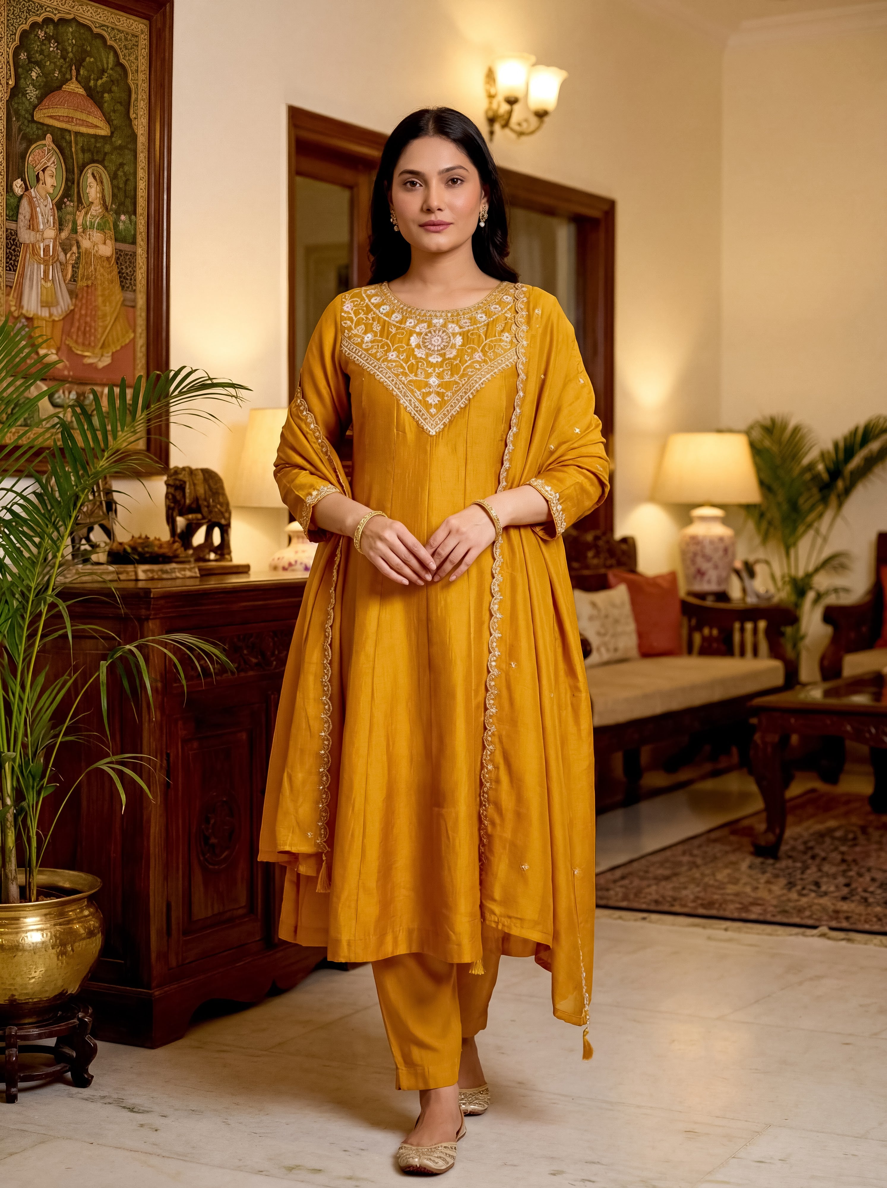 Vichitra Silk Embroidered Kurta Pant Dupatta Set – Gold