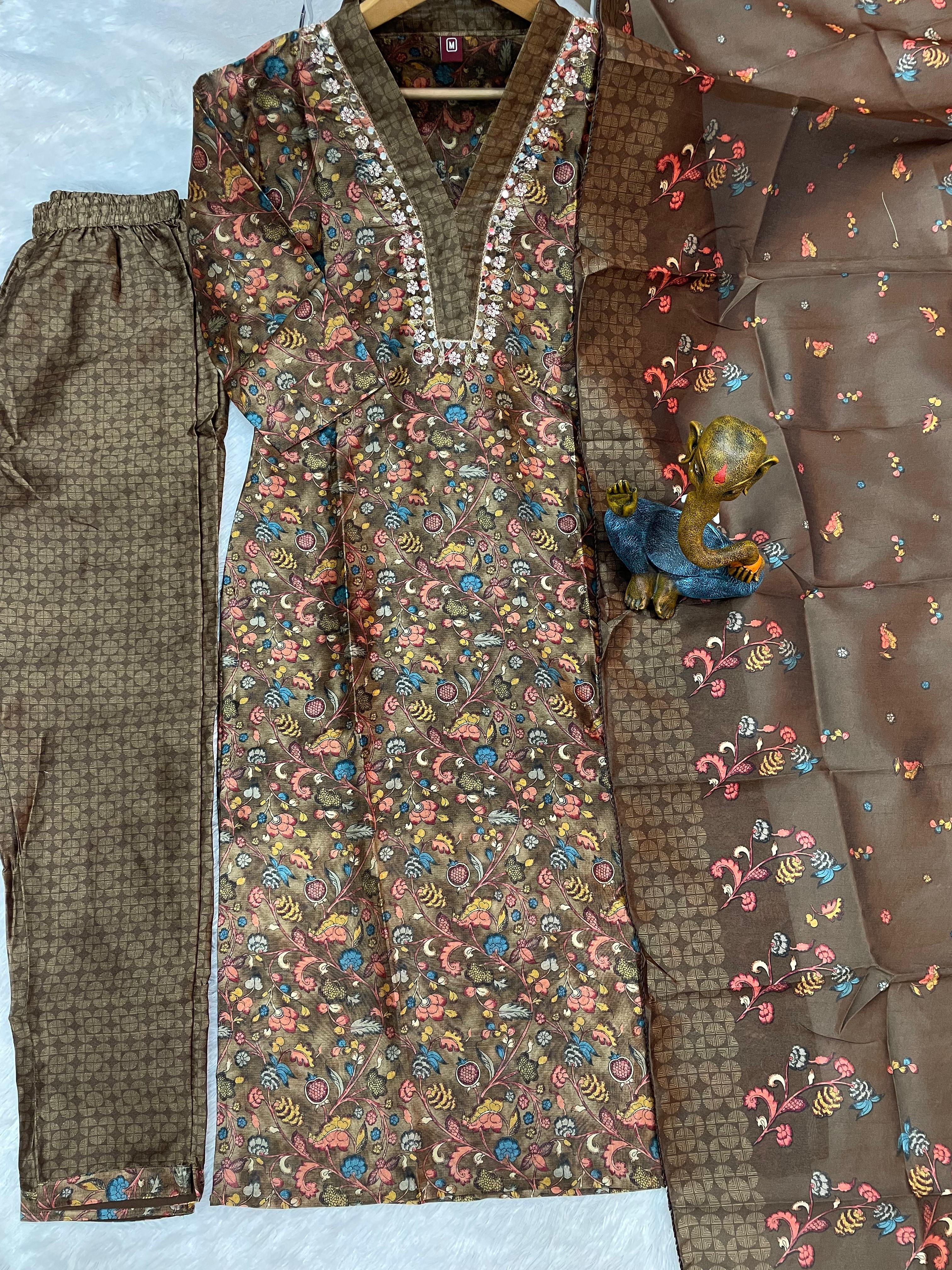 Zarna Silk Embroidered Straight Kurti Set – Coffee Brown