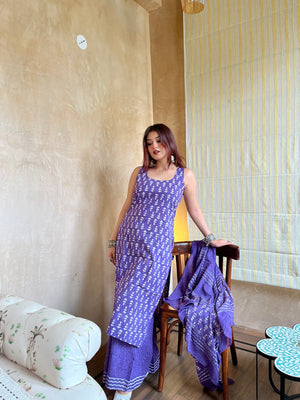 Rayon Slub Printed Kurta Pant Dupatta Set – Purple
