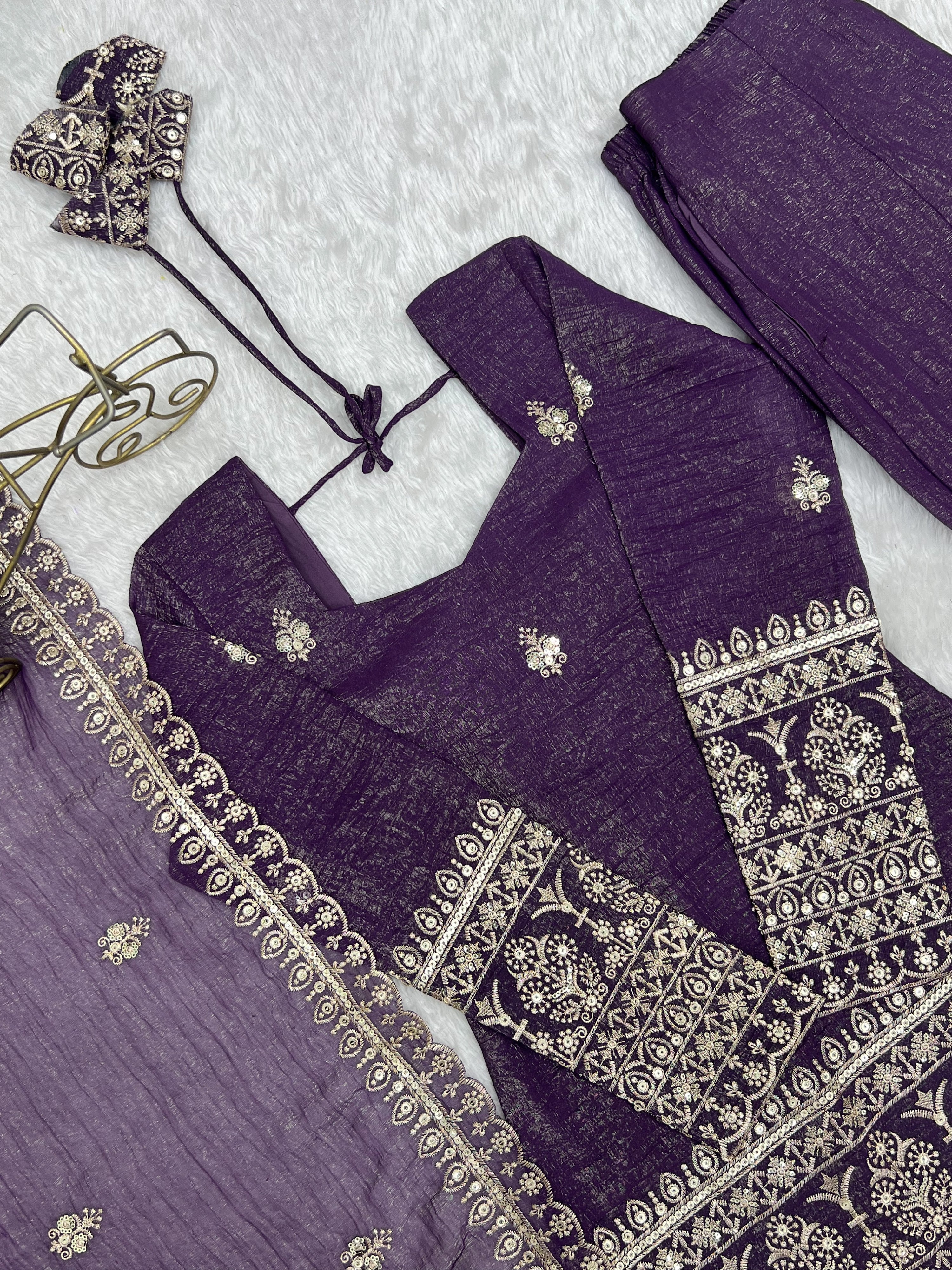 Crunchy Silk Embroidered Bell Bottom Set – Purple