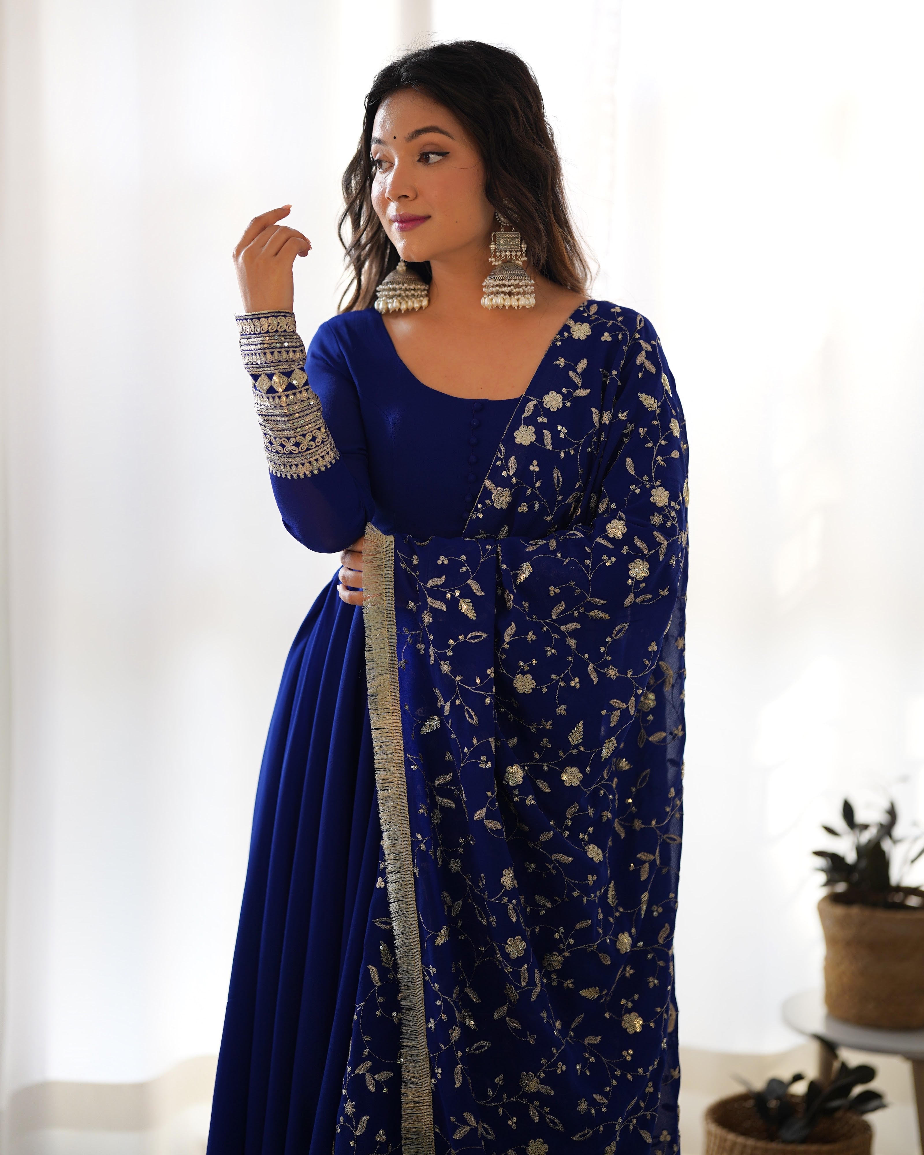 Georgette Embroidered Gown Set – Blue