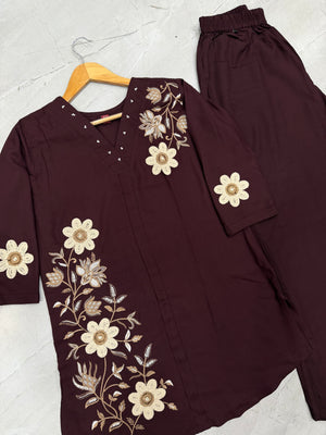 Heavy Rayon Embroidered Co-Ords Set – Wine
