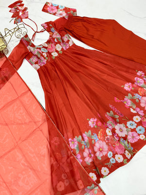 Organza Silk Printed Anarkali Set – Rust