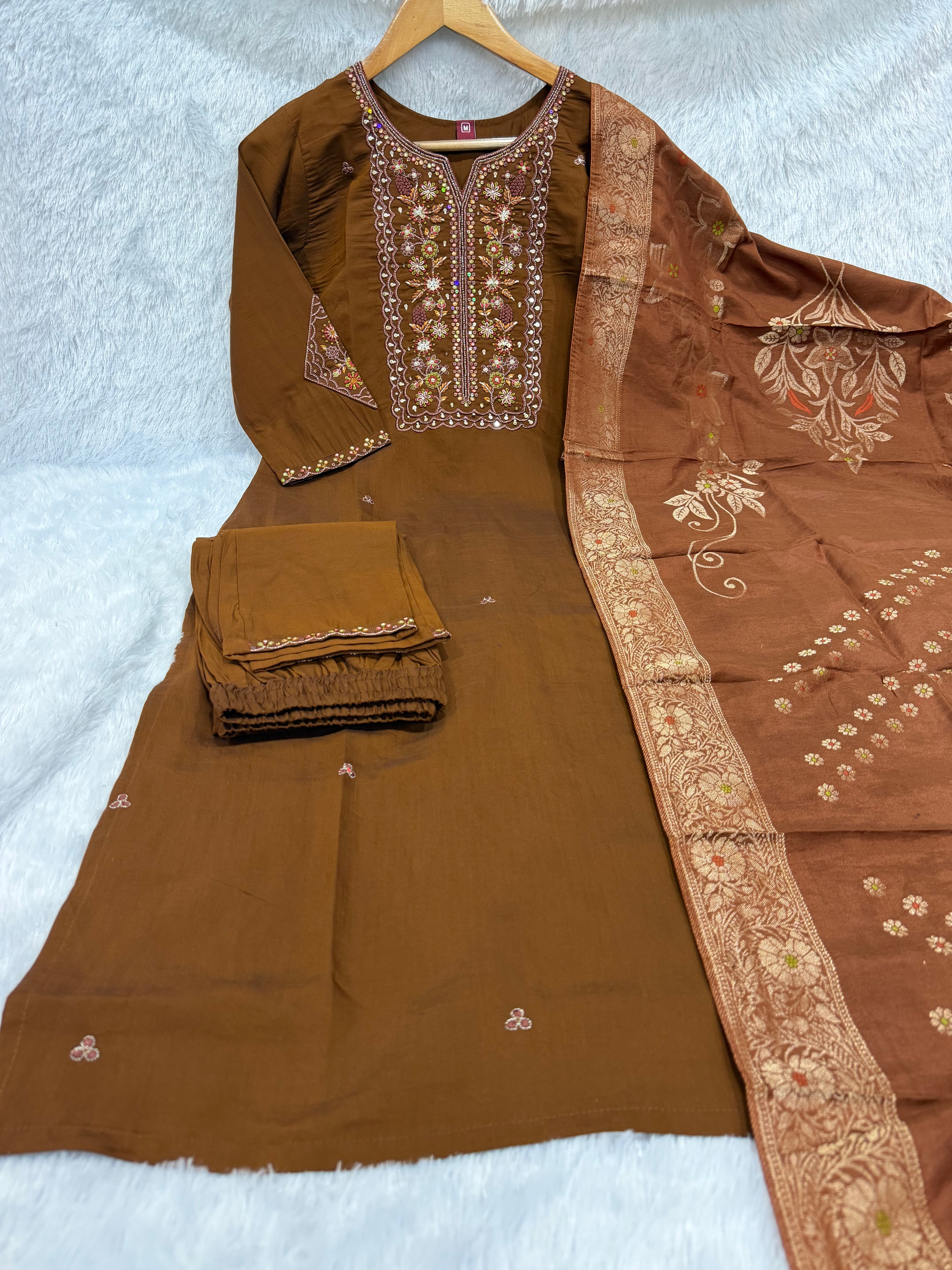 Pure Viscose Mango Silk Embroidered Straight Kurti Set – Coffee
