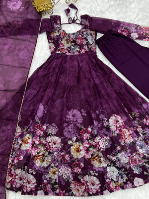 Organza Silk Printed Anarkali Set – Wine