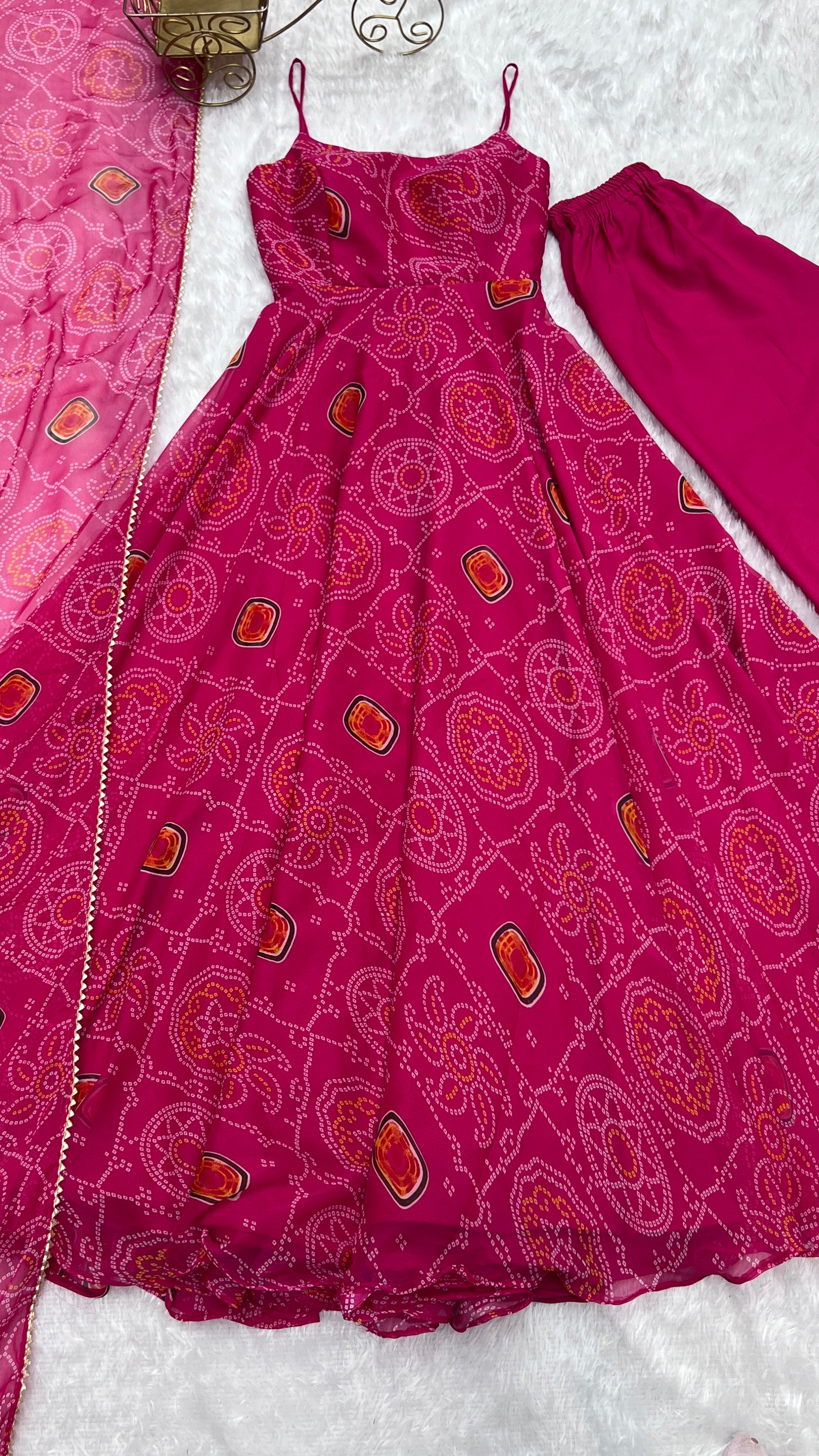 Soft Lightweight Chiffon Bandhej Embroidered Gown Set – Pink