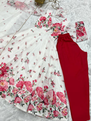 Organza Silk Printed Anarkali Set – Ivory Floral