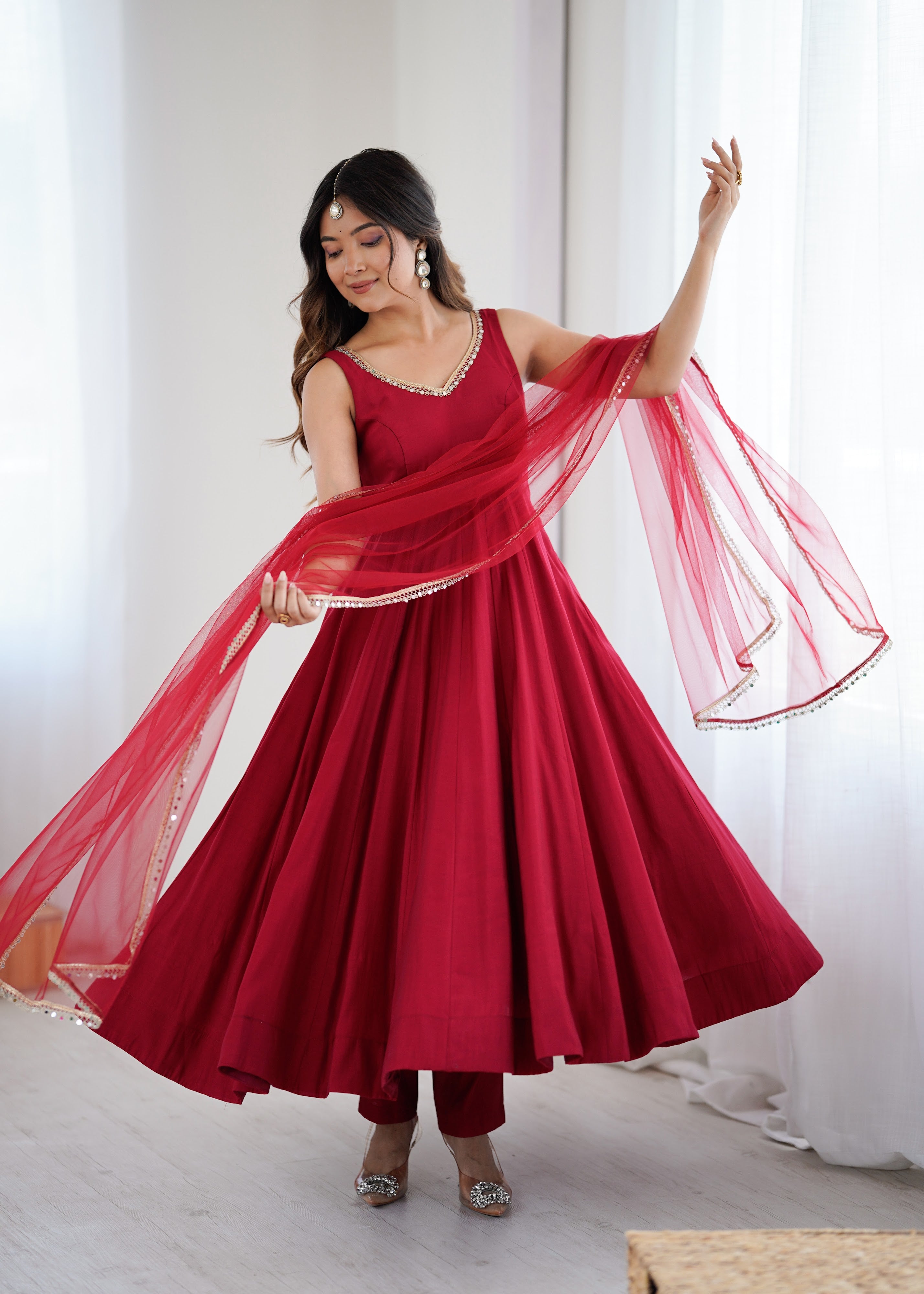 Roman Chanderi Silk Embroidered Anarkali Set – Maroon