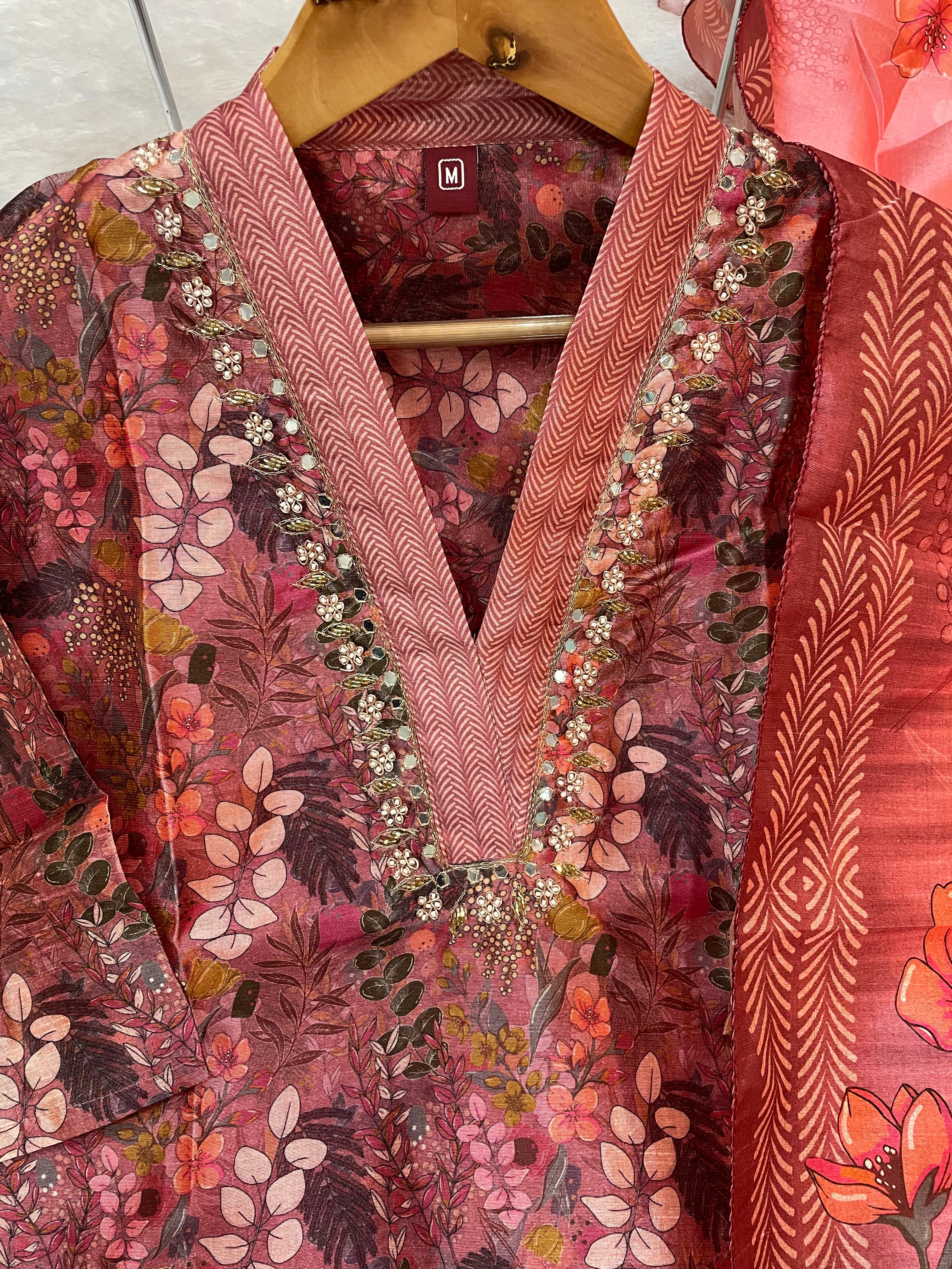 Zarna Silk Embroidered Straight Kurti Set – Dusty Rose