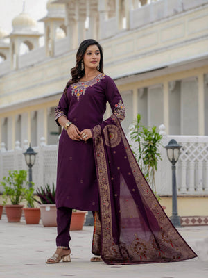 Premium Roman Silk Embroidered Straight Kurti Set – Wine