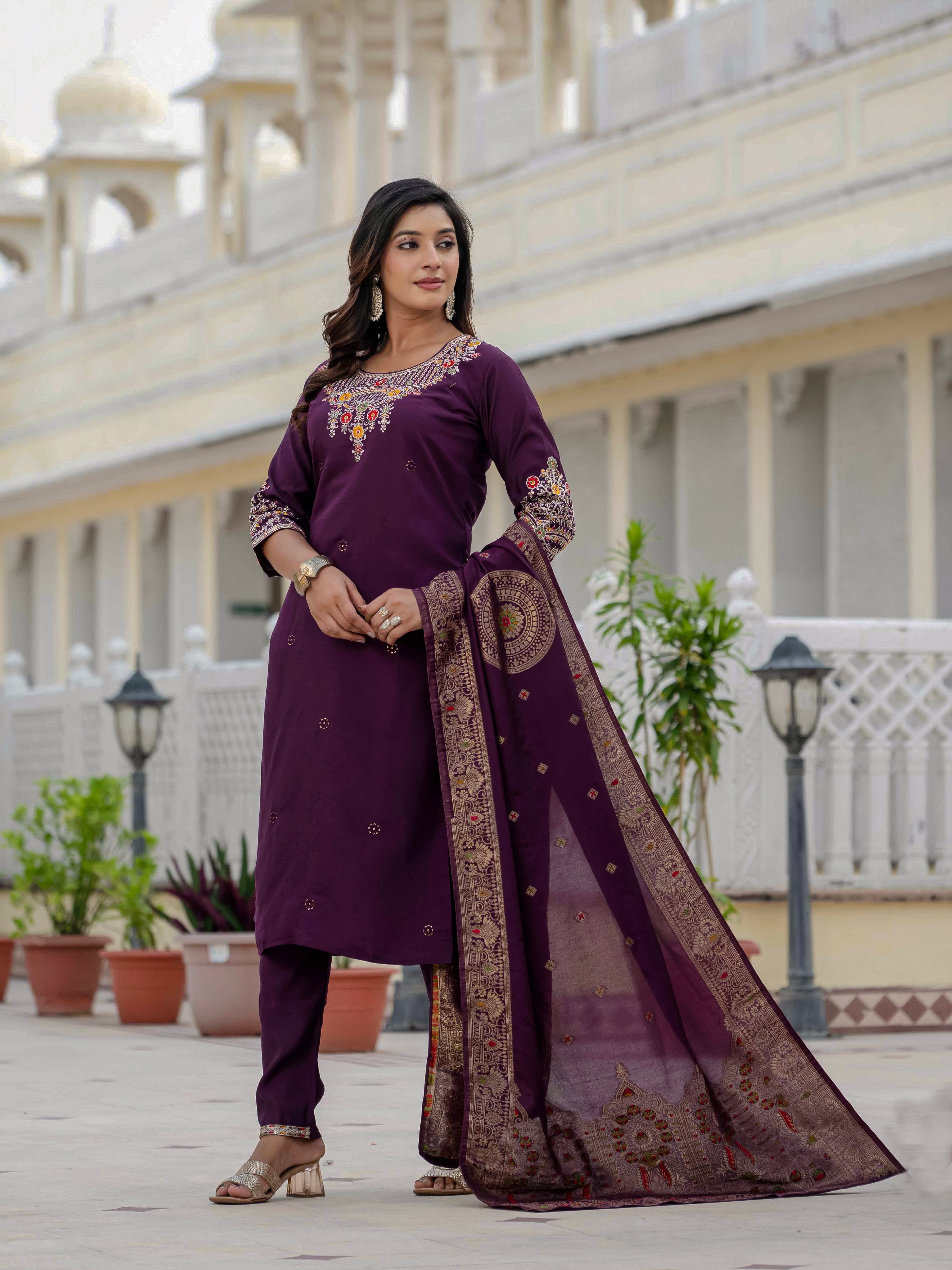 Premium Roman Silk Embroidered Straight Kurti Set – Wine