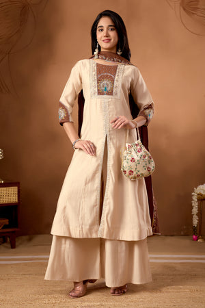 Roman Silk Embroidered Anarkali Kurti Set – Cream