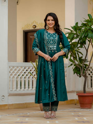 Viscose Roman Silk Embroidered Anarkali Kurti Set – Teal