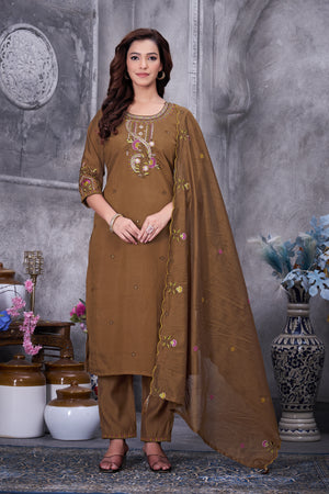 Roman Silk Embroidered Straight Kurti Set – Brown