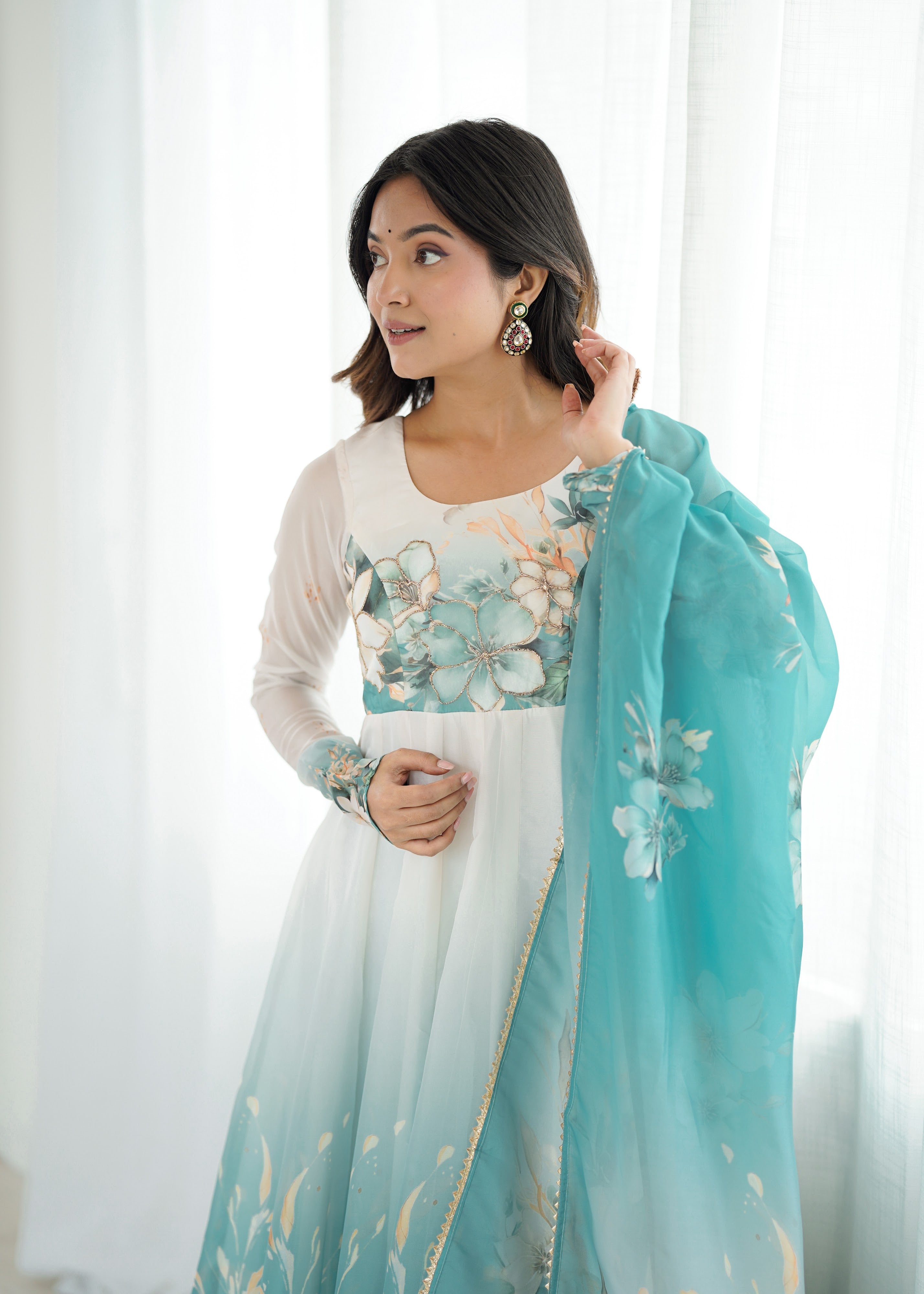 Organza Silk Printed Anarkali Set – Aqua Blue