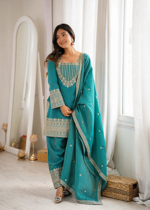 Vichitra Silk Embroidered Farshi Salwar Set – Sea Green