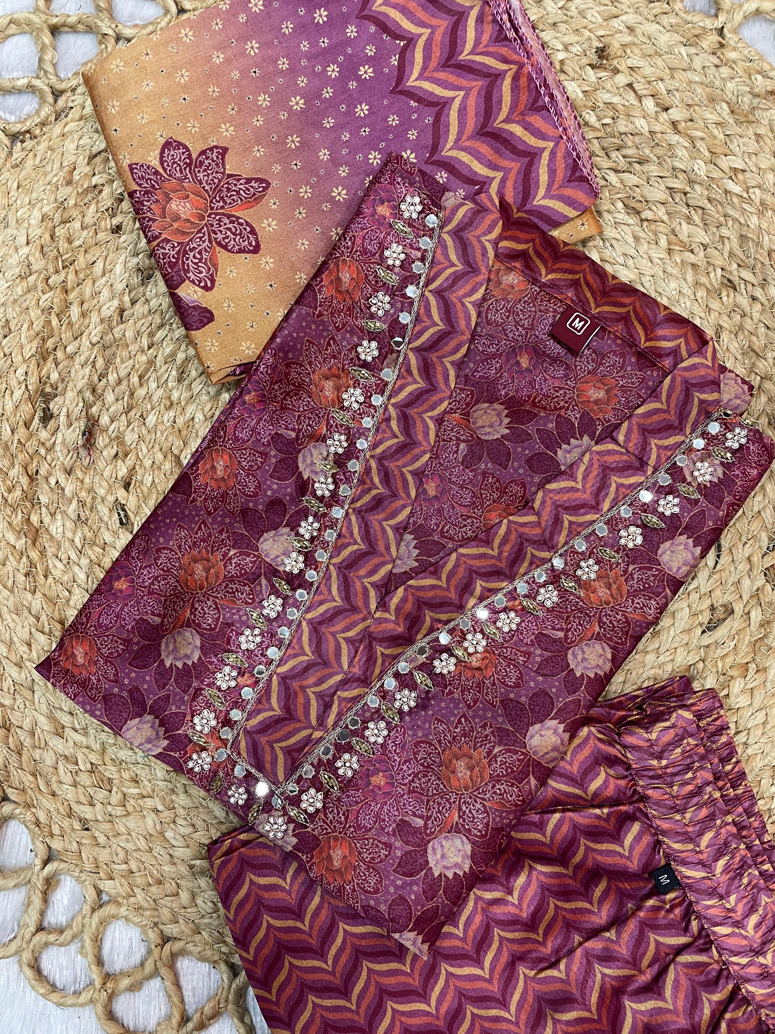 Zarna Silk Embroidered Straight Kurti Set – Wine Purple