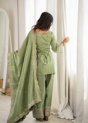Glass Roman Silk Embroidered Farshi Salwar Set – Sage Green