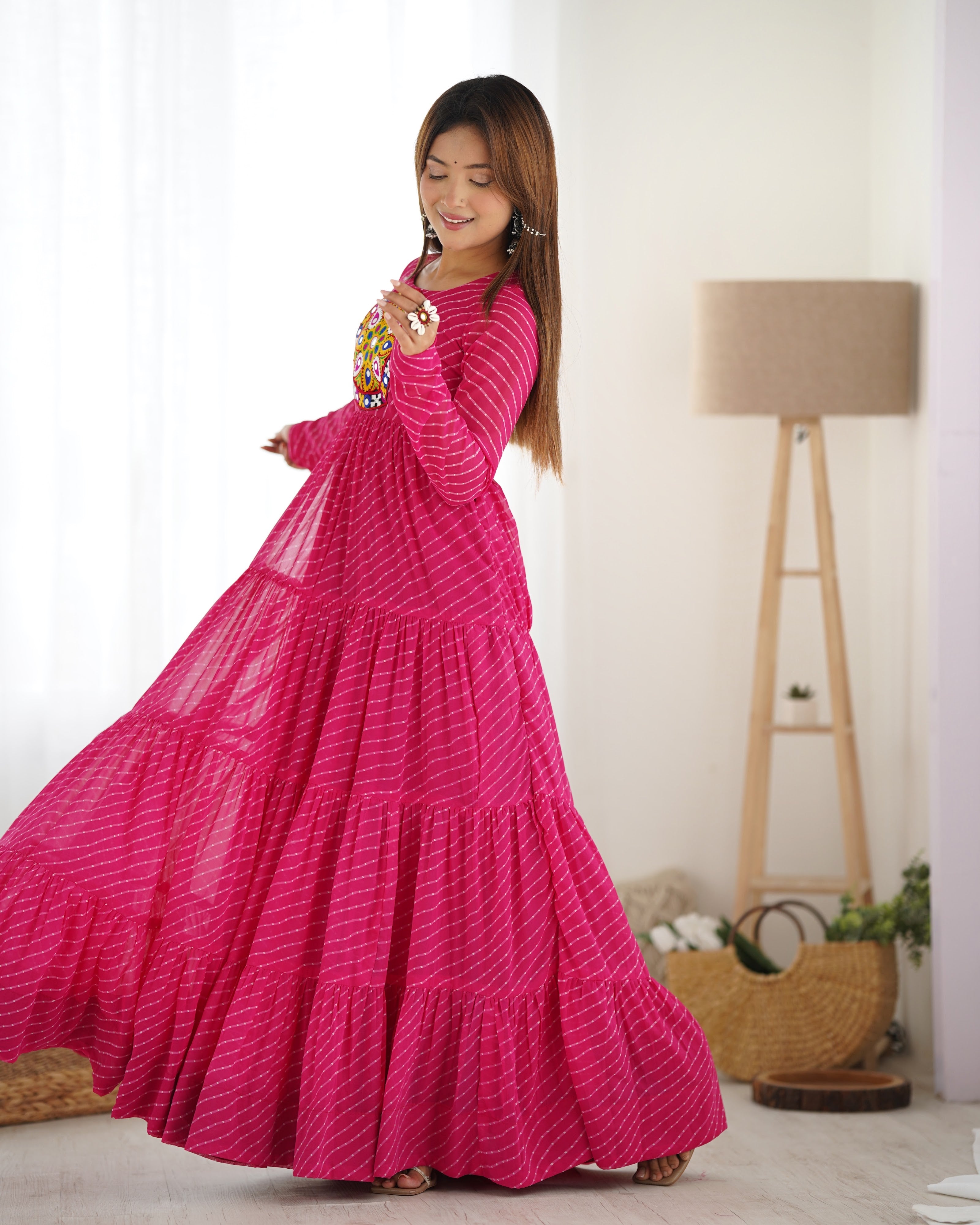 Georgette Printed Gown Set – Pink