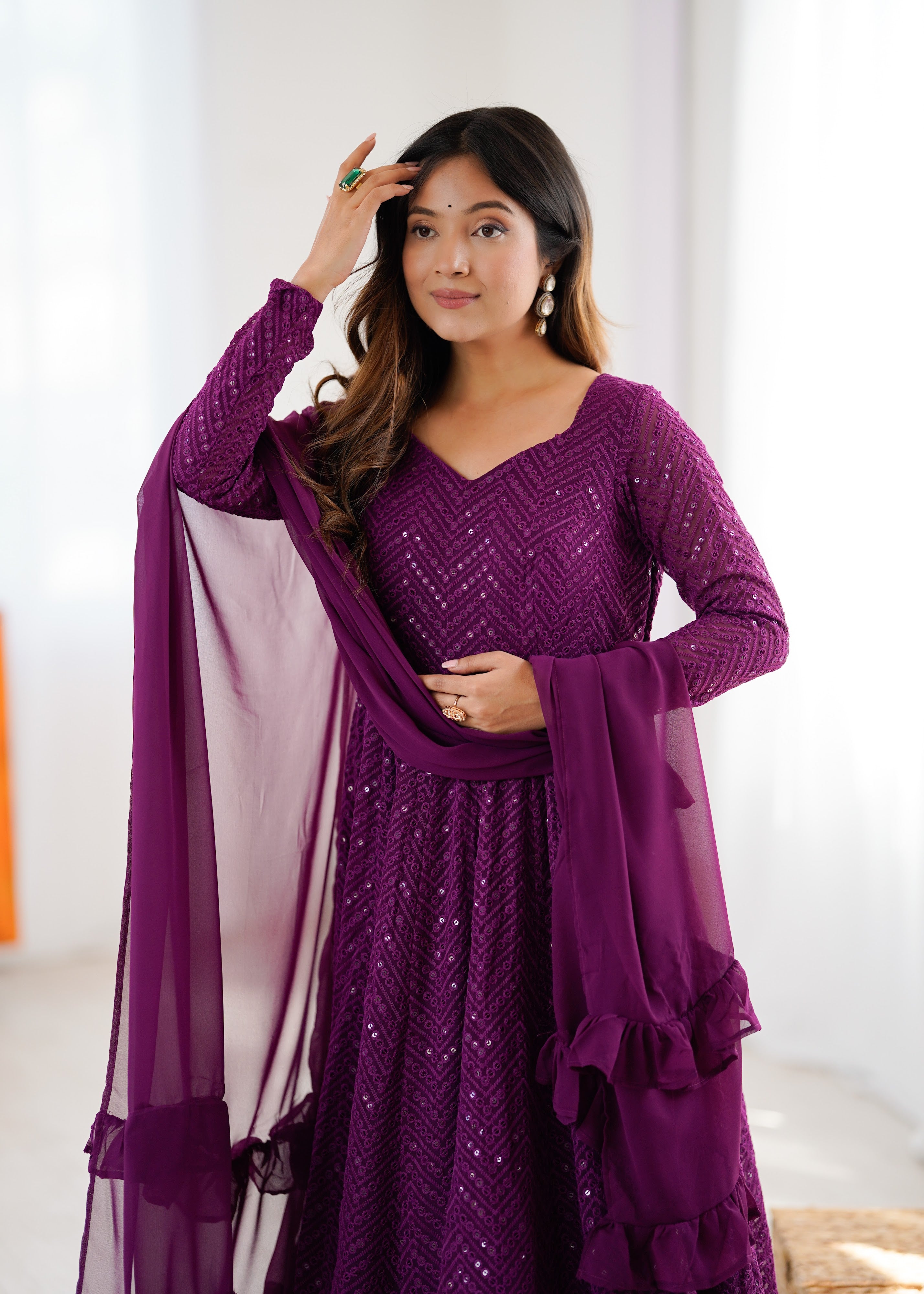 Georgette Embroidered Anarkali Set – Wine