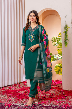 Marina Viscose Silk Embroidered Straight Kurti Set – Green