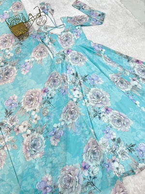 Georgette Printed Gown Set – Sky Blue Floral