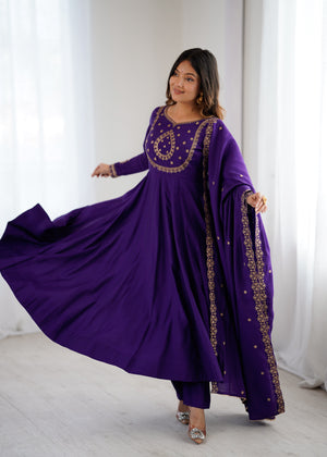 Roman Chanderi Silk Embroidered Anarkali Set – Purple