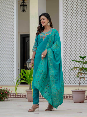 Premium Roman Silk Embroidered Straight Kurti Set – Firozi