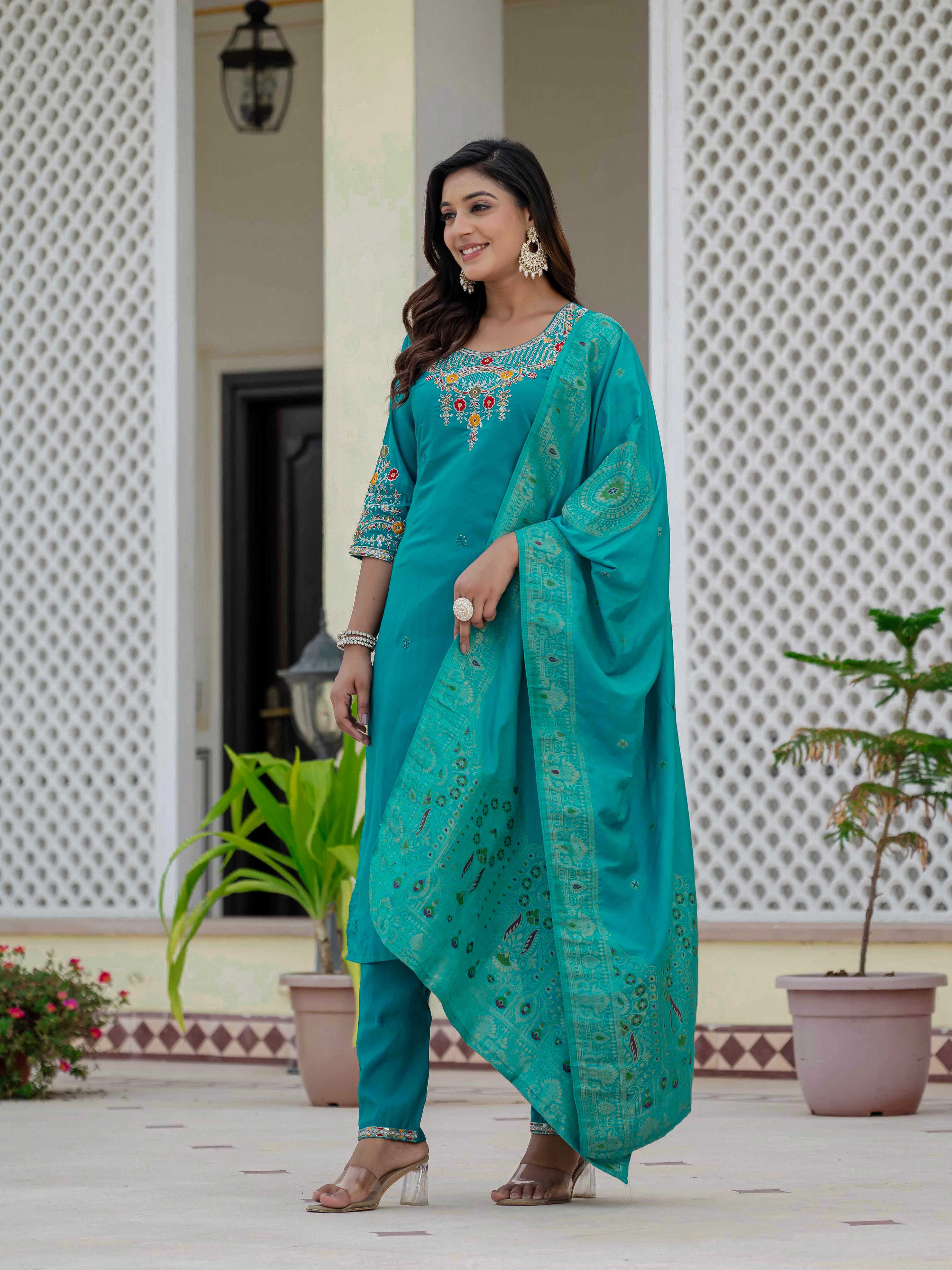Premium Roman Silk Embroidered Straight Kurti Set – Firozi