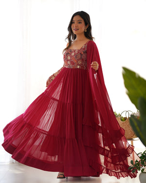Georgette Embroidered Anarkali Set – Wine