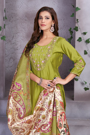 Premium Marina Silk Embroidered Straight Kurti Set – Parrot Green