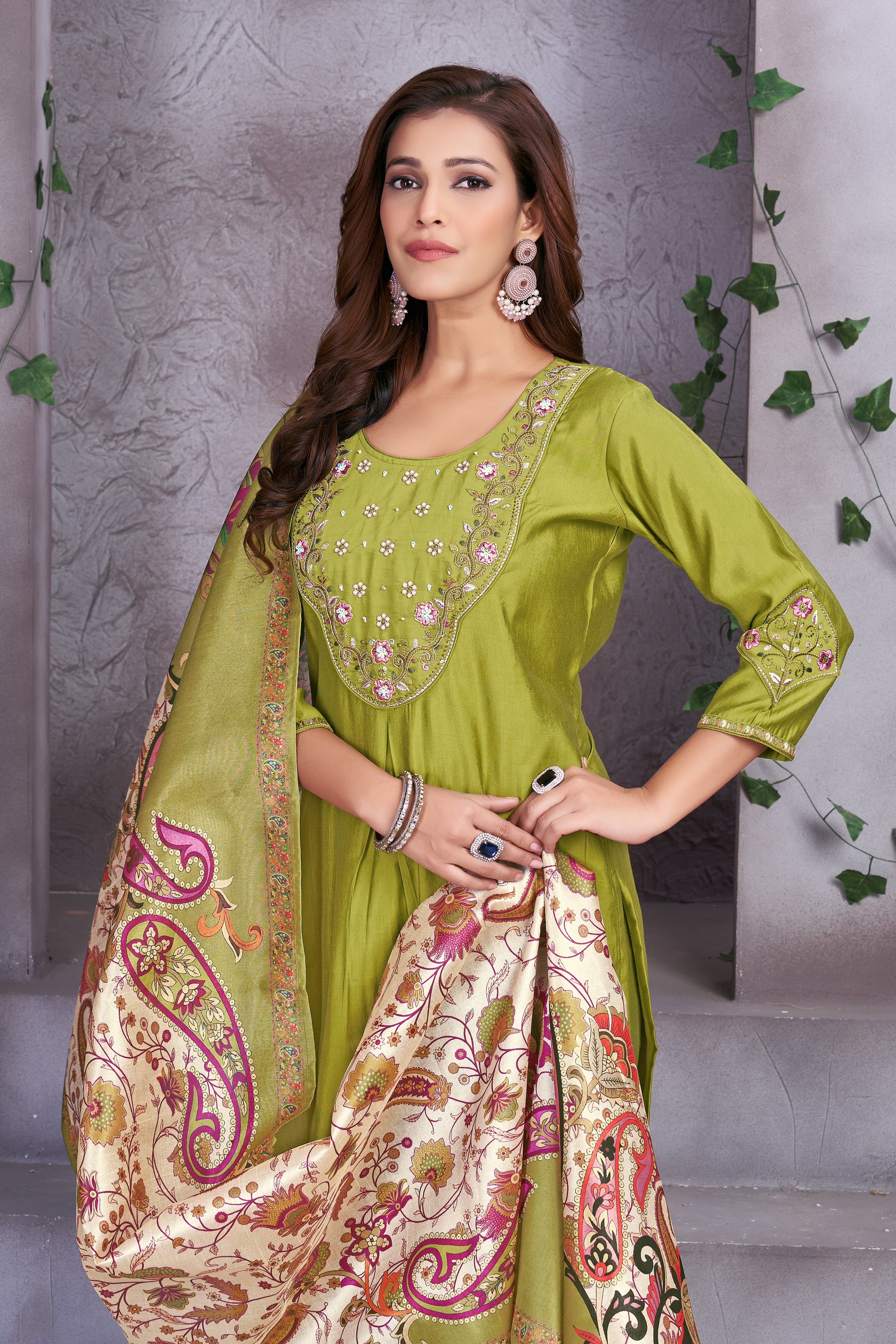 Premium Marina Silk Embroidered Straight Kurti Set – Parrot Green