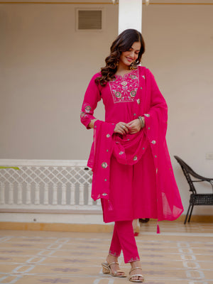 Pure Viscose Mango Silk Embroidered Straight Kurti Set – Pink