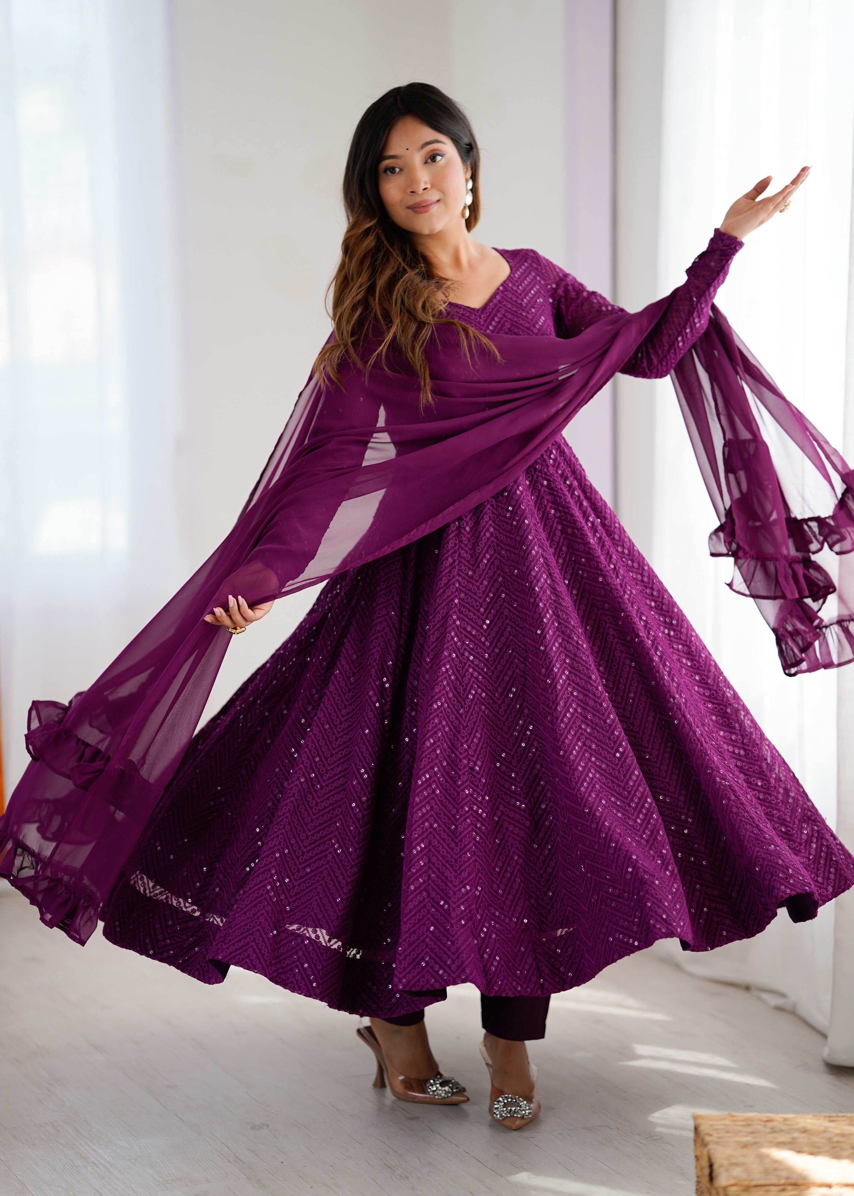 Georgette Embroidered Anarkali Set – Wine