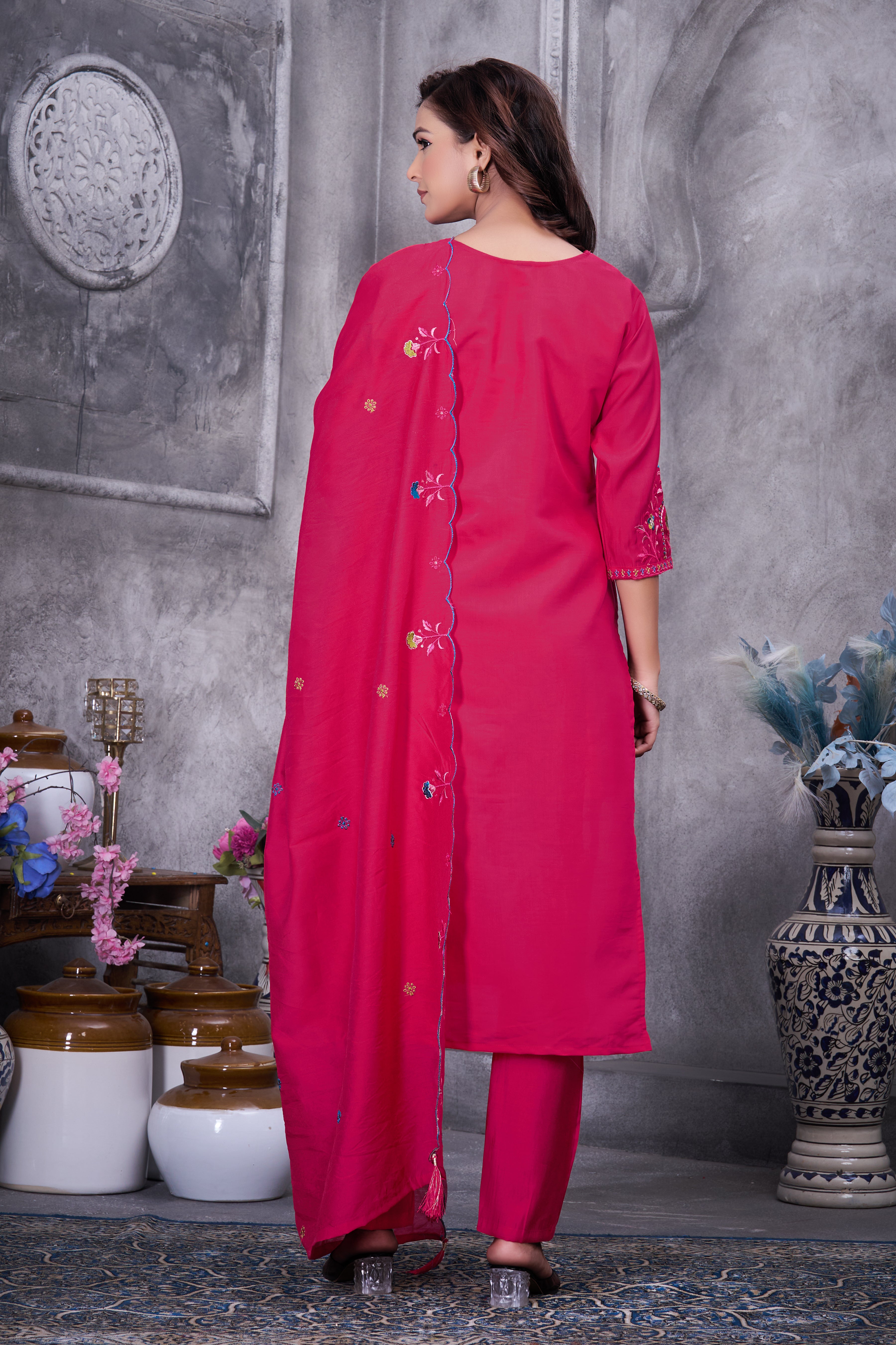 Roman Silk Embroidered Straight Kurti Set – Red