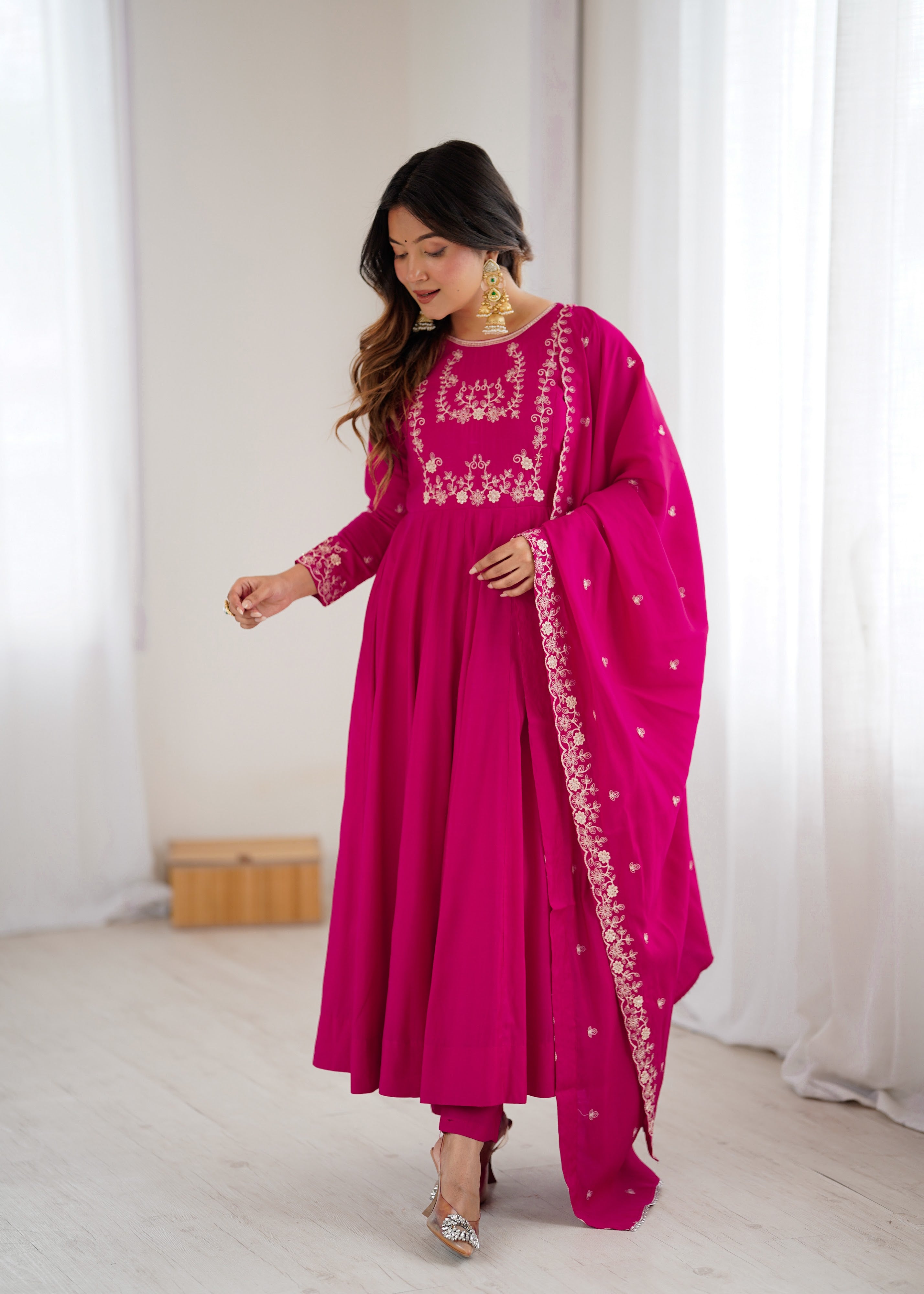 Roman Shimmer Silk Embroidered Anarkali Set – Rani Pink