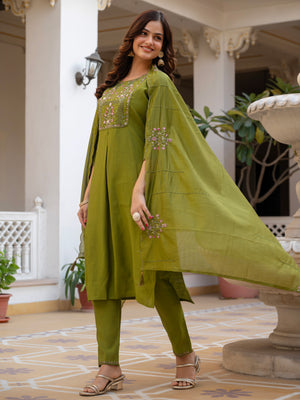 Pure Viscose Mango Silk Embroidered Straight Kurti Set – Mhendi Green