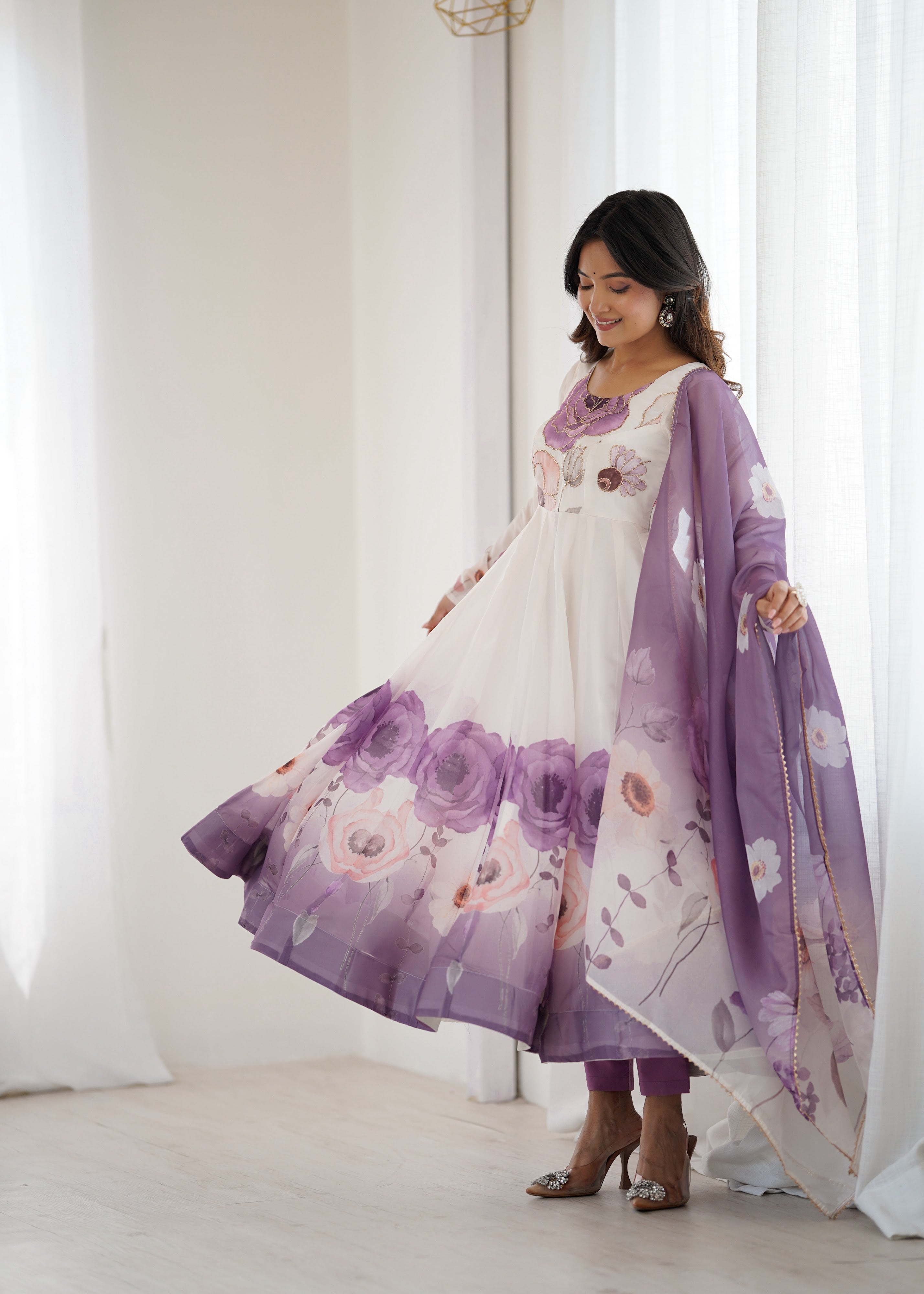 Organza Silk Printed Anarkali Set – Lilac Floral